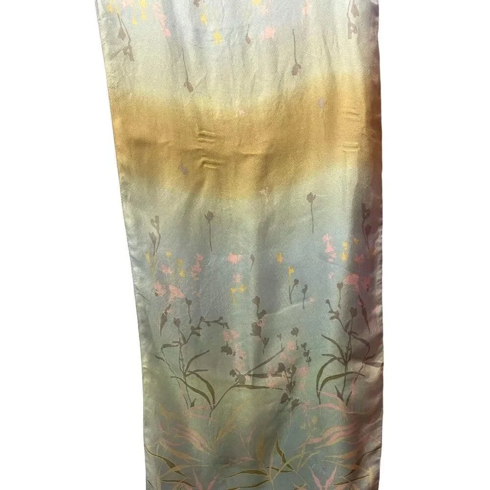 #4808 Hallmark VTG Silk blue scarf with Japanese blooms  64x20